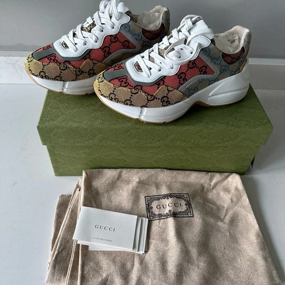 GUCCI Monogram Multicolor Demetra Women’s Rhyton Sneakers Yellow Blue Tobasco - Picture 7 of 10